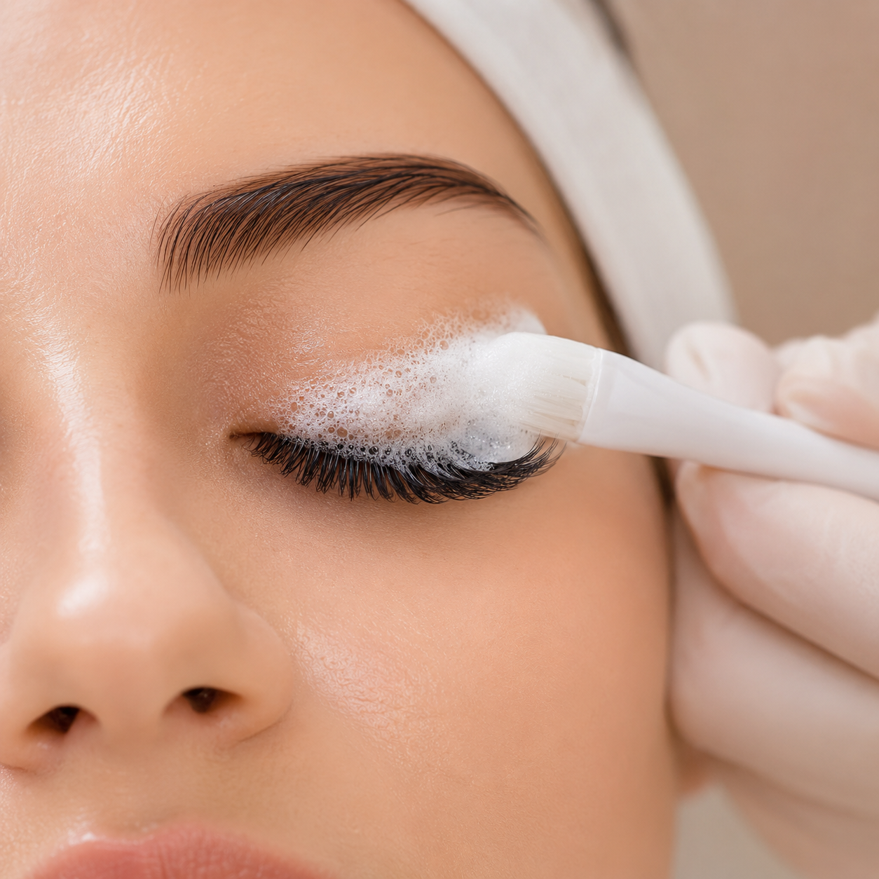 Nettoyage doux des extensions de cils avec mousse nettoyante.