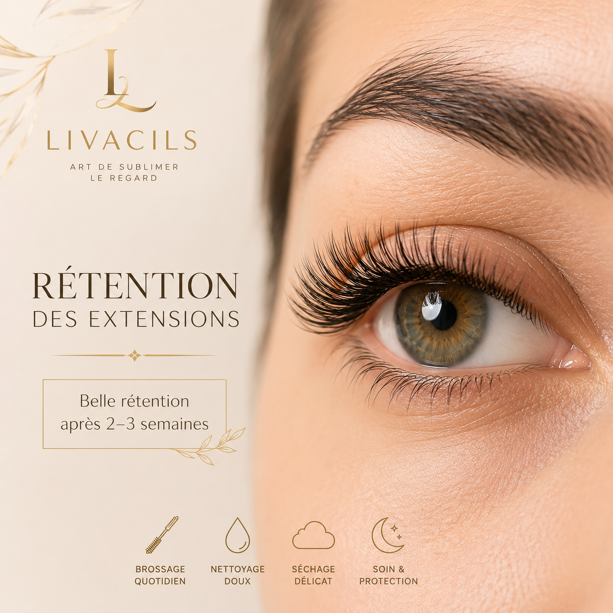 Rétention des extensions de cils après deux à trois semaines.