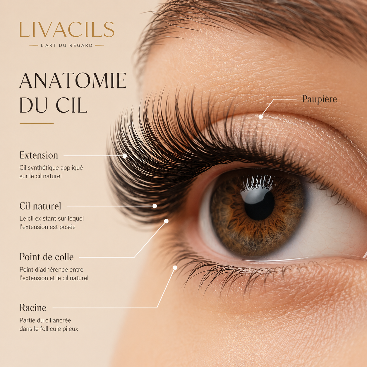 Anatomie du cil et principe de pose d'une extension de cil.