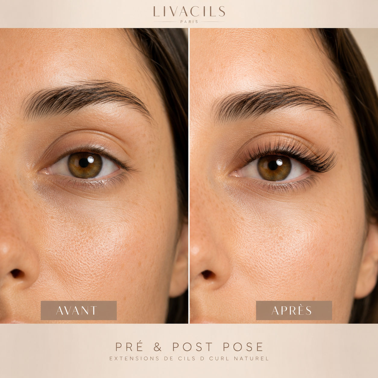 Avant après extensions de cils Livacils, résultat naturel et visible.