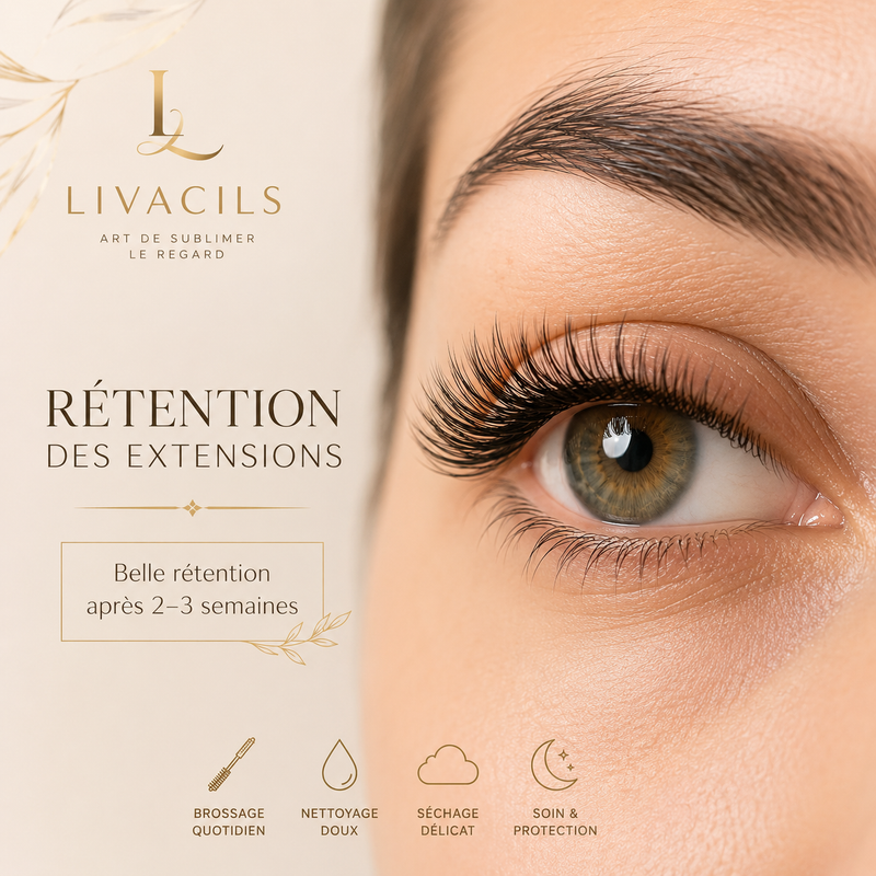 Rétention des extensions de cils après deux à trois semaines.