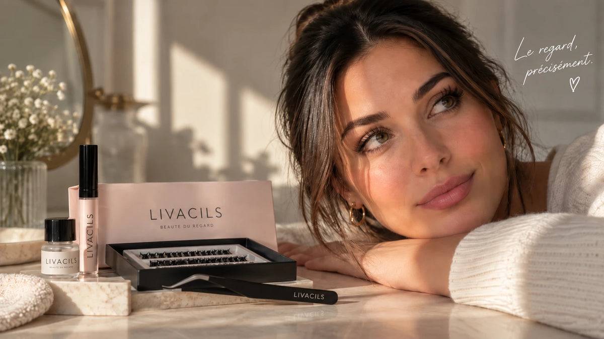 Livacils : extensions de cils, kit et pince sur une coiffeuse, une cliente au regard naturel. Le regard, précisément.